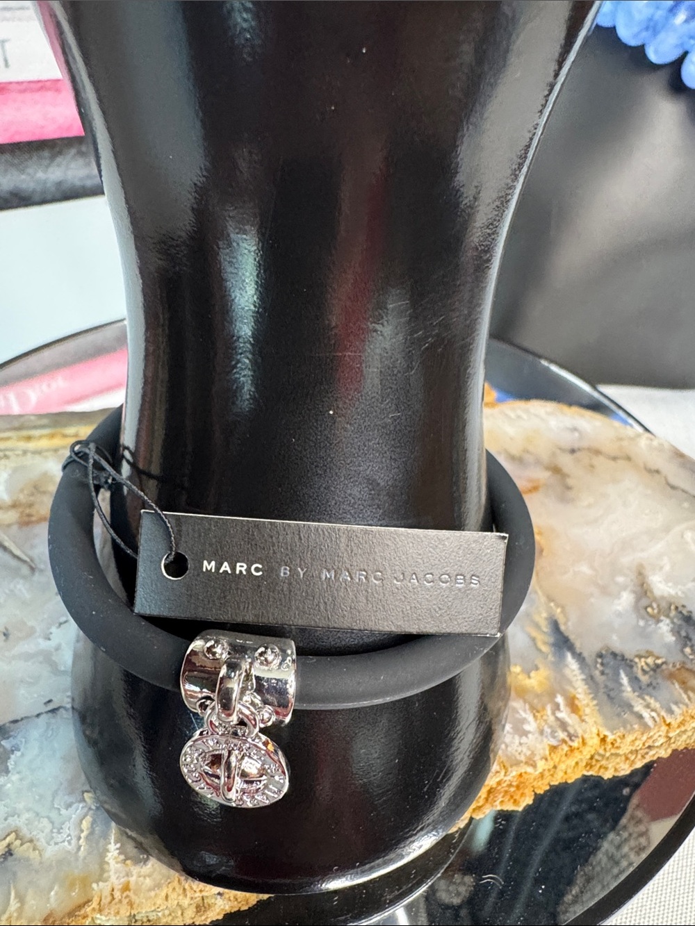 Marc by Marc Jacobs Black Rubber Bracelet with Silver Medallion Charm - Picture 2 of 3